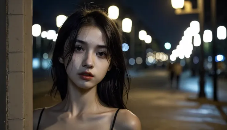 solo,realistic,lips,black hair,collarbone,closed mouth,beside the outdoor street,the dim light of the street lamps at night shin...