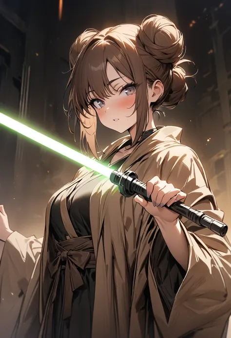 (masterpiece:1.2),(best quality:1.2),(masterpiece, best quality, ultra-high resolution), (jedi girl), (lightsaber), brown hair i...