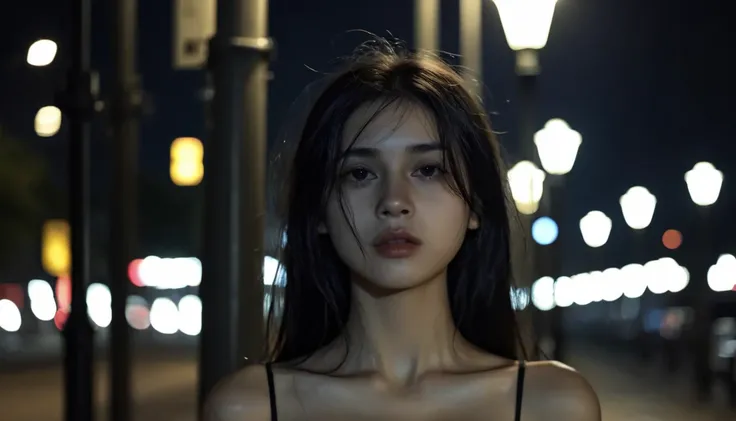 solo,realistic,lips,black hair,collarbone,closed mouth,beside the outdoor street,the dim light of the street lamps at night shin...