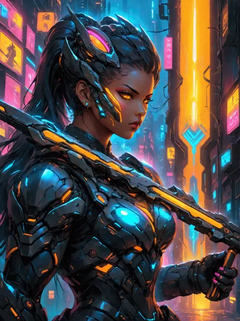 A futuristic warrior, resplendent in glowing armor of vibrant neon shades, stands poised in an active, dynamic stance. The warrior, whose descent is South Asian and gender is female, grasps a light-emanating sword with an air of readiness and intensity. Th...