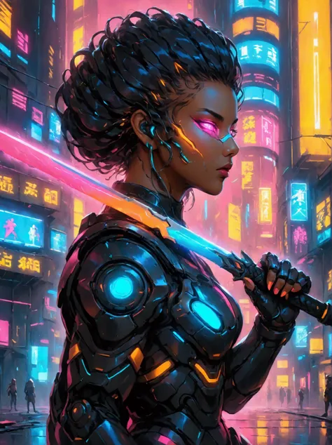 a futuristic warrior, resplendent in glowing armor of vibrant neon shades, stands poised in an active, dynamic stance. the warri...