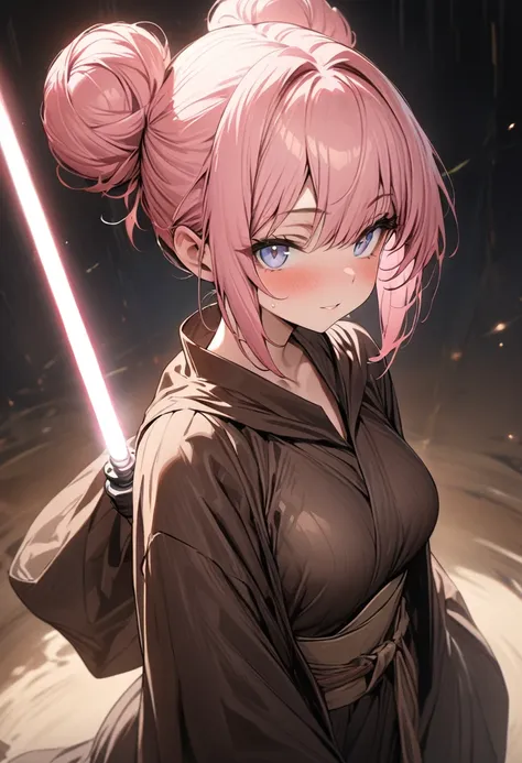 (masterpiece:1.2),(best quality:1.2),(masterpiece, best quality, ultra-high resolution), (jedi girl), (lightsaber), pink hair, p...