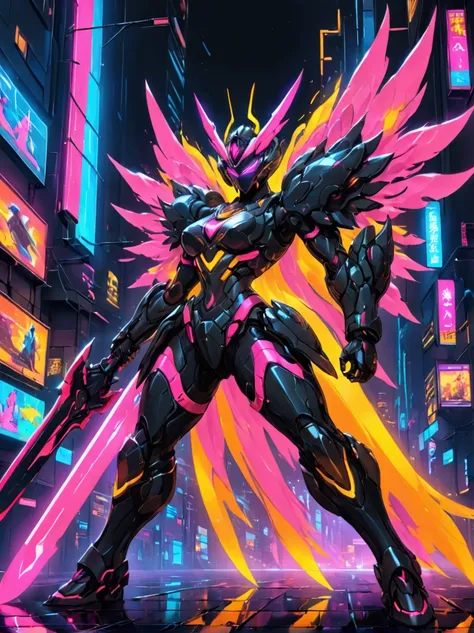 a futuristic warrior, resplendent in glowing armor of vibrant neon shades, stands poised in an active, dynamic stance. the warri...