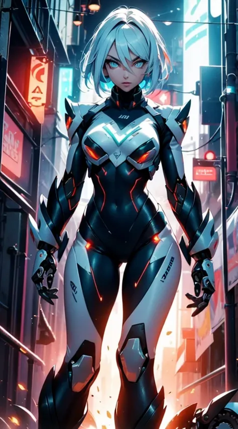 (mechanical parts:1.5),fighting , glowing eyes, short hair,torn tight supersuit, in a futuristic city, lights and neon, glowing ...