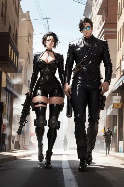 They are two robots walking down the street with guns., Detailed cinematography, Steampunk Digital Art, Big Studio VFX, A still from the TV series, Anthropomorphic woman, Featured on Vimeo, yasuke 5 0 0 px Model, Robert Koehler, Interconnected human life, ...