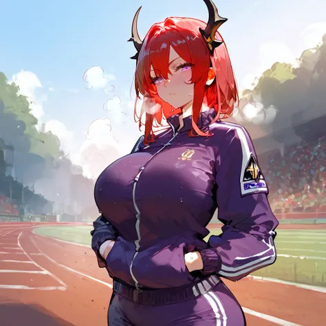 score_9, score_8_up, score_7_up, score_6_up,floox style,surtr, arknights, red hair,big breasts, jacket,,, ,  purple jacket, purp...