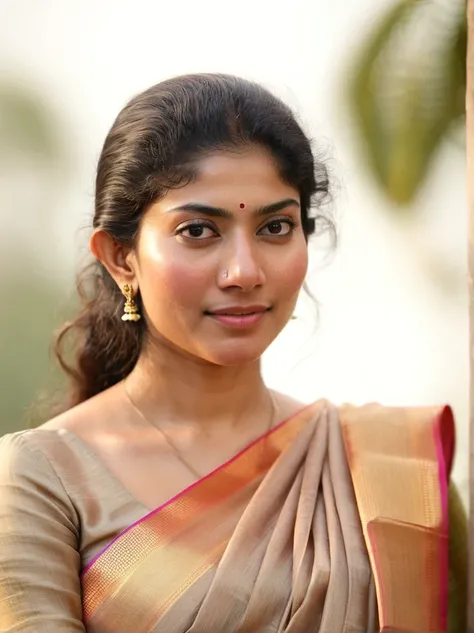 ultrarealistic hires close up photo of a 30-year-old sai pallavi woman, outdoors, realistic skin texture, looking looking at camera, high collar intricate (silk_saree_blouse:1.2), tied hair, beautiful bokeh background 