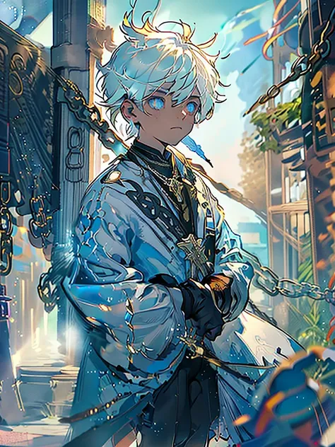 a young man in his 20s，white hair，blue earring dye，blue and eyes，wolf ears，royal，gorgeous clothing，black military uniform，gem ey...