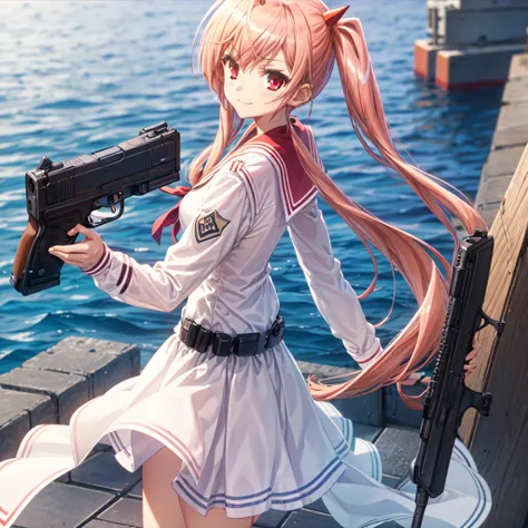 (((Pixel Perfect, Perfect in every detail))), uniform，smile，Sailor suit，uniformにリボン，Standing posture，alone, One girl, Aria Holmes Kanzaki , Have a gun in your hand，View your viewers, Mouth closed, Arms crossed