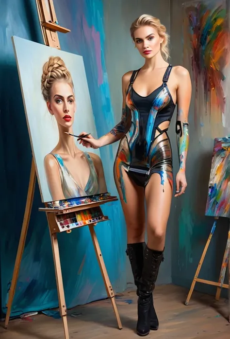 The easel, the paints, the artist, standing Full-length, Sexy cyborg woman drawing self-portrait in oil paints, french braid, blonde hair