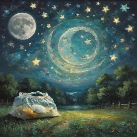 (masterpiece, best quality:1.2),put the stars and the moon in a plastic bag，luminescence