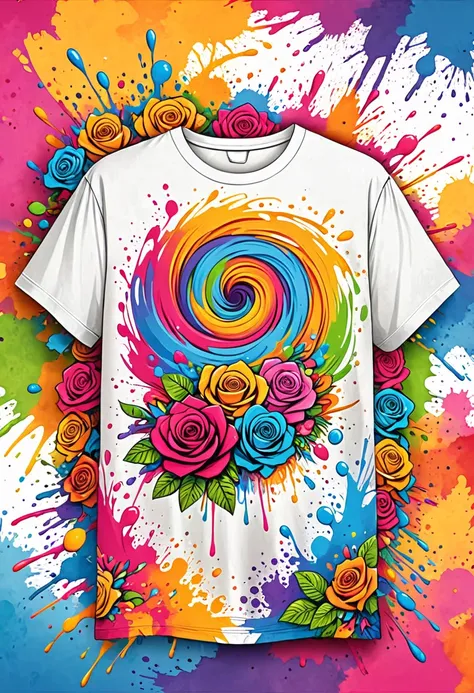 designer t-shirt with colorful illustration with many roses, at the center, swirly vibrant colors, paint splashes and smears, t-...