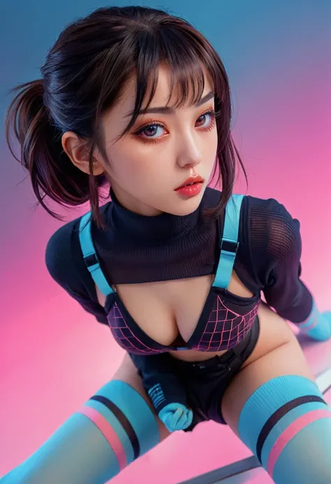 cyberpunk girl, 1girl, beautiful detailed face, beautiful detailed eyes, beautiful detailed lips, gorgeous detailed eyes, long eyelashes, revealing outfit, knee socks, full body shot, Kuvshinov art style, gradient background, digital art, intricate details...