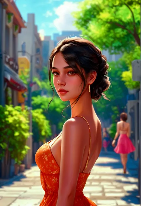 (anika)  ultra-realistic portrait of a young woman named (anika) stepping out of her house in a well-maintained city neighborhood. She is dressed in a stylish summer outfit, including a short, fashionable dress that highlights her breasts and accentuates h...