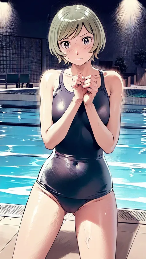 Blue school swimsuit、(masterpiece、Highest quality)、Highest quality, Ultra-high resolution, (((masterpiece))), alone, Sweat、Big eyes, Composition from the front、Shortcuts、Embarrassed face、blonde、Cut your hair short、School swimming pool、short hair、Pussy Line...