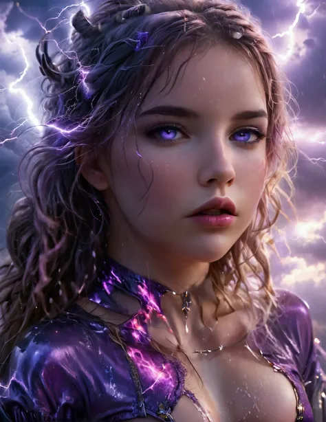 a cute woman, 25 years old, violet eyes, violet metallic sleeves, violet metallic thigh high boots, lightning goddess, floating ...