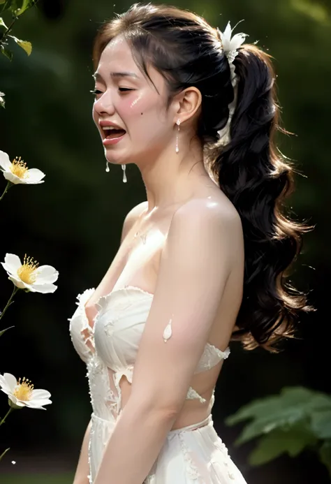 (Highest quality, masterpiece, 4K, photograph, Fine:1.4), (A beautiful girl almost naked and crying:1.3), Half naked, A beautiful girl crying after being battered, Garden, ponytail, A badly torn and tattered mini-length white wedding dress:1.3, Bare chest,...