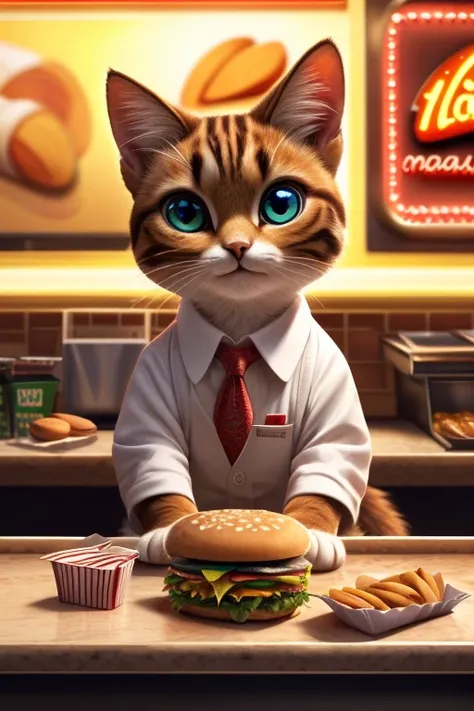 (Highest quality、masterpiece、8K))、Anatomically correct、Very detailed、High resolution、Realistic、((Beautiful, bright, almond-shaped, detailed eyes))、Intricate details、Cinematic lighting、((Dynamic composition))、Party、cute cat、Fast food restaurant clerk、Fast f...