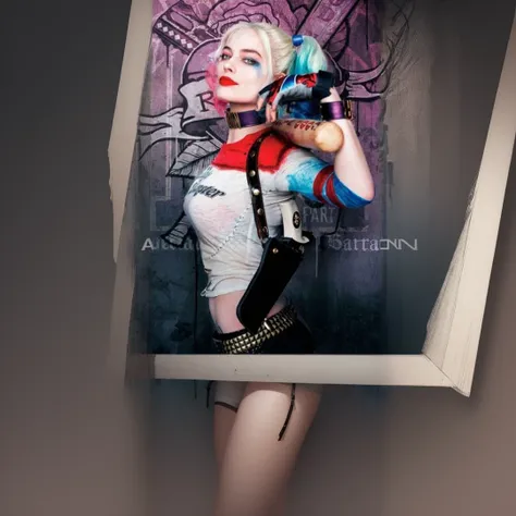 A woman&#39;s whole body、Harley Quinn、Margod Robbie、Suicide Squad movie、Metal bat on shoulder、T-Shirts、black leather shorts、