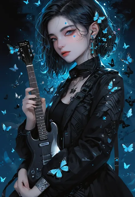 a woman with a guitar in her hand and a background of flowers and butterflies and stars is depicted in this artistic illustration of a woman with a guitar in her hand and a black background of a blue and a blue background,with a,and a,Alice Prin,dark backg...