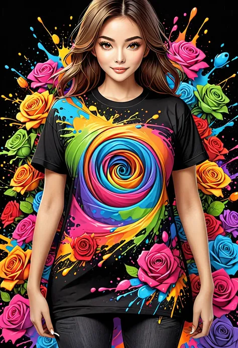 designer t-shirt with colorful illustration with many roses, at the center, swirly vibrant colors, paint splashes and smears, hi...