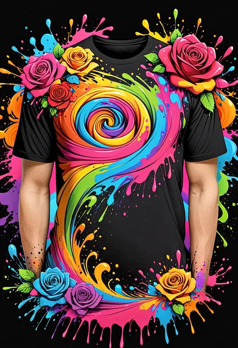 designer t-shirt with colorful illustration with many roses, at the center, swirly vibrant colors, paint splashes and smears, hi...