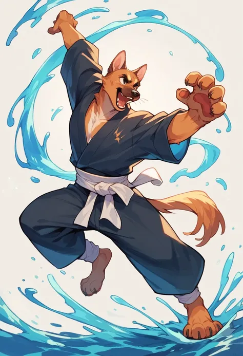 Create 3D featuring  dog and cat with obscured faces engaged in a dynamic martial arts pose, with cat characters foot making contact with a splash of liquid that creates an interesting visual effect against a vibrant white background.