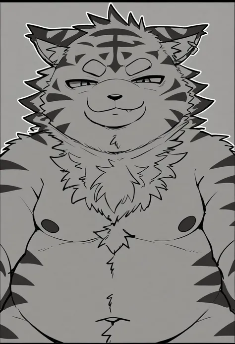 A close up of a cartoon of a fat man with a cat on his head, concept art by Muggur, pixiv, furry art, furry body, furry chest, pov furry art, thick furry neck and chest fluff, fluffy chest, sfw version, furry character, thicc, furry fantasy art, furry anim...