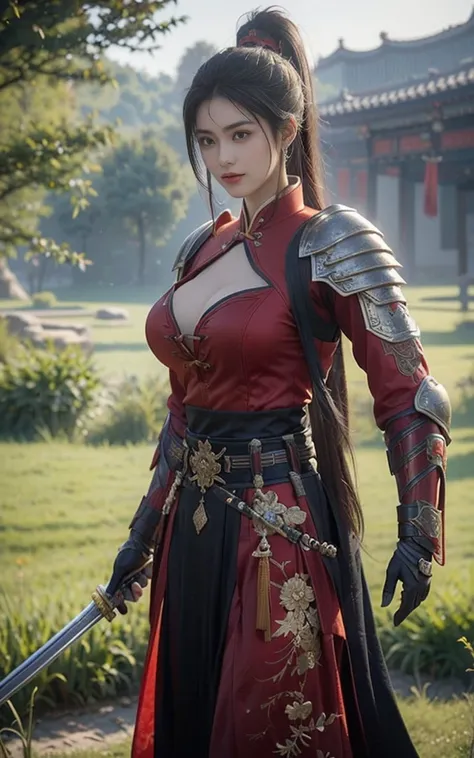 Game Art，Best picture quality，Maximum resolution，8K，(full-body shot)，(Head close-up)，(Rule of Thirds)，Unreal Engine 5 rendering works， (Future Girl)，(Female Warrior)， 
20-year-old girl，（A gentle smile facing the camera）(Chinese samurai)，(Short ponytail hai...