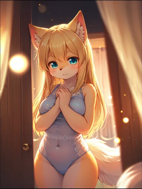 (Sumilux f1.4 75mm , low Latitude old color negative film , cross process , bokeh, flare, chromatic aberration , soft focus, (Shallow focus) , soft glow , Maximum aperture, High Key , Transparent depiction) , blond Mature wolf girl , hide with hand , (frec...