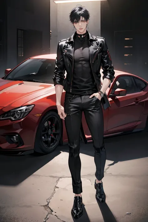 (masterpiece), best quality, seductive eyes, perfect face, handsome man, red eyes, short messy black hair, long nose, plain black t-shirt, black fitted pants, black leather jacket, full body, extremely tall man, long legs, long calves, anime cover, 1boy, e...