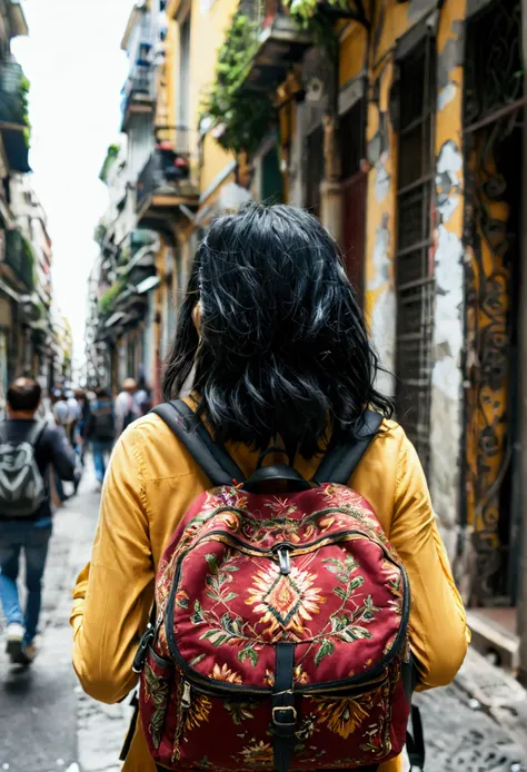 Woman with black hair and back walking through the streets of Buenos Aires with a backpack