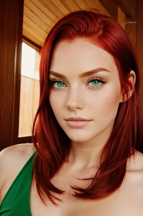 Woman red hair, green eyes  