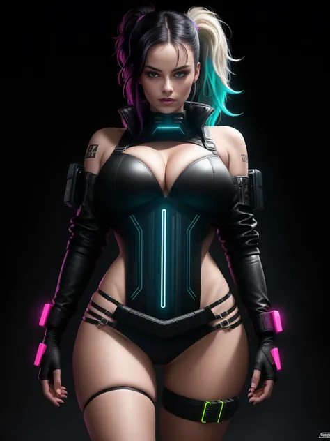 there is Margot Robbie, black neon streaked hair, hair in pony tail, 3 d neon art of a womans body, neon-noir background, cyberpunk femme fatale, seductive cyberpunk dark fantasy, cyberpunk strip clubs, cyberpunk 20 y. o model girl, oppai cyberpunk, banner...