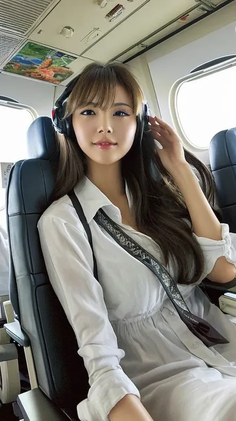 Beautyful woman sitting inside the plane (high quality)ベージュのレースビキニを着ている