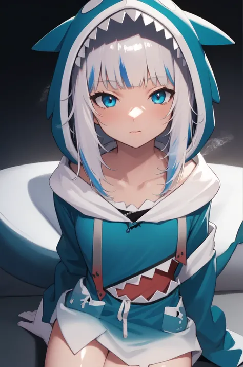 (masterpiece1.1), (high resolusion:1.2), ((best quality)), highres, 1girl, solo, detailed CG, ultra detailed, beautiful and aesthetic, (add layer), (shiny skin:1.2), glistening,  gawr gura, blue hoodie, shark hood, smoking