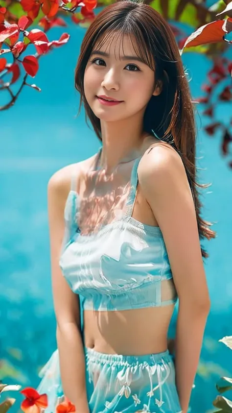 realistic photos odebt 渋谷凪咲(1 cute Japanese idol) Shoulder-length hair, light makeup, Middle breast size, Bikini and see-through cover-up dress(Side slit)Wearing,Tropical Beach,Everlasting summer,The blazing sun,8K high resolution, Sharp and realistic deta...