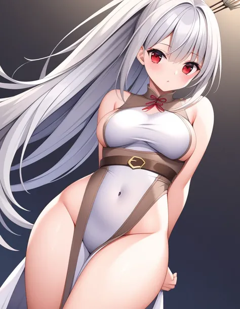 1 girl, shiny backlight, volumy long ponytail, silver hair, red eyes, middle breasts, her hair is fluttering down, white fantasic leotard outfit, white long loincloth,brown belts, long Quiver of Arrows behind back, open legs,open thighs, arched back, sceri...