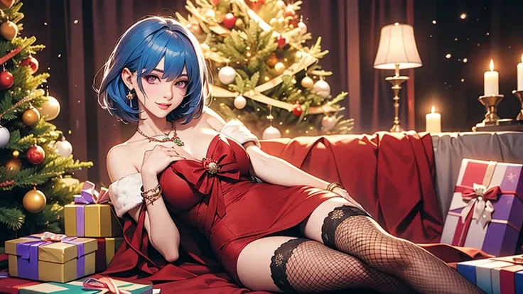 1 girl, smooth, blue hair, bow, box, bracelet, Christmas, Christmas tree, Cowboy Shot, set, earring, fishnet, flower, gift, gift box, decorationsผม, Hamel., decorations, look at viewer, colorful hair, necklace, tights, Chapped lips, purple eyes, red set, r...