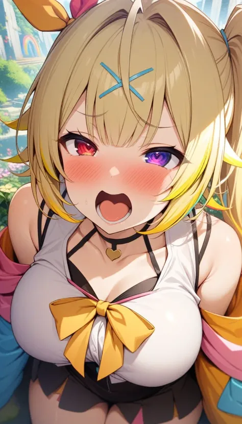 masterpiece, best quality, very aesthetic, absurd, up to date,Open_Mouth,oral sex_gesture,gesture,Heart shaped eyes,Upper Body,,1 Girl, Hoshikawa Sara, Rainbow Temple, Virtual YouTuber, Blonde hair, Long hair, breast, Hair accessories, Heterochromia, Red E...