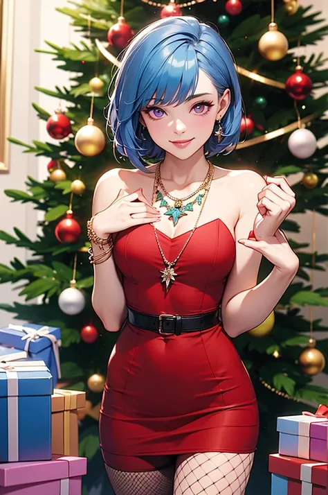 1 girl, smooth, blue hair, bow, box, bracelet, Christmas, Christmas tree, Cowboy Shot, set, earring, fishnet, flower, gift, gift box, decorationsผม, Hamel., decorations, look at viewer, colorful hair, necklace, tights, Chapped lips, purple eyes, red set, r...