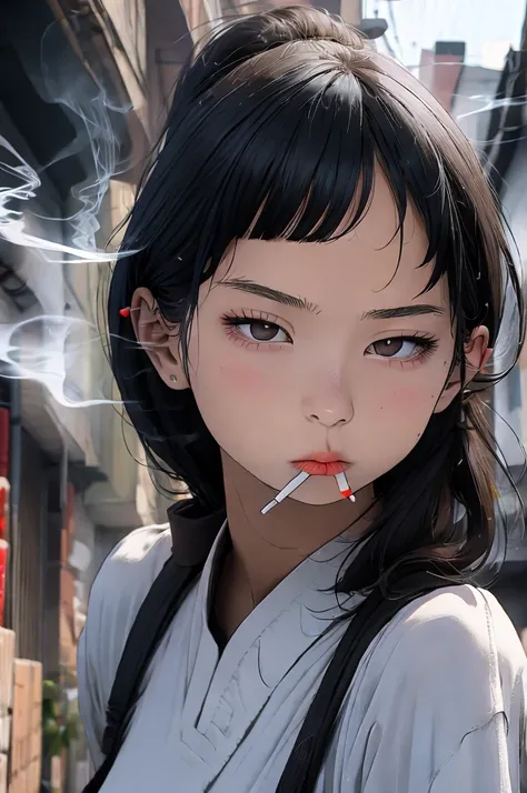 Student, uniform, smoking, white shirt, tie, rebel, slim, backpack, a lot of smoke, flat, black skirt, pretty face, beautiful, long hair, face focus, half closed eyes, relaxed, pale, asian eyes, straight hair, asian, puffy lips, lipgloss, pouty lips