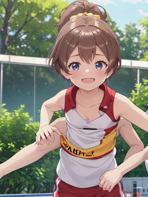 1girl,1boy,outdoor,1girl,hug,track and field uniforms,leaning forward,smile,brown hair, short hair, ponytail,flat chest,upper bo...