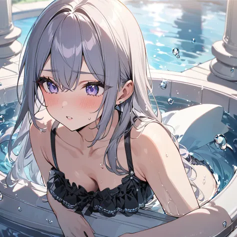 one beautifu girl,long straight gold ash hair,wearing Lolita Swim suit,She Play in the pool,The water droplets on my chest are shining,splash,(masterpiece), (best quality), (ultra-detailed), (illustration), (detailed light),(an extremely delicate and beaut...