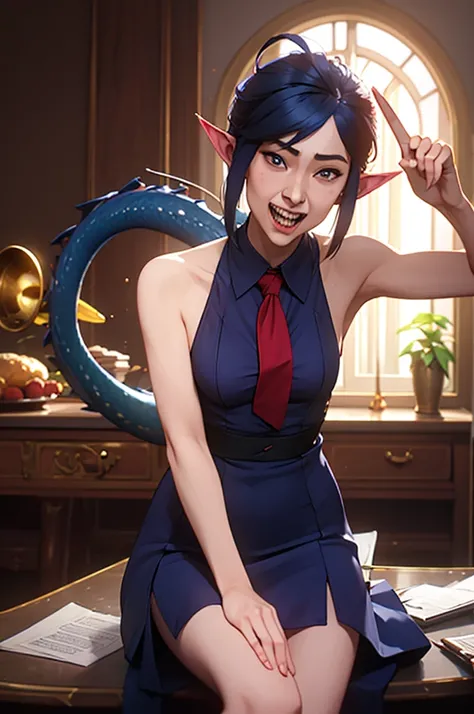 Momok, radius, short twin, Trumpet, bright student, Ahoge, pointed ears, (dragon tail:1.1), collared dress, sleeveless dress, necktie, small breasts, (pointing at viewer:1.035), crack laughing, gag, hand to own mouth, Sharp teeth, (พอใจในตัวเอd:1.2), :d, o...