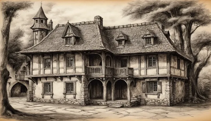 old house, medieval, beautiful, charcoal pencil drawing on old paper