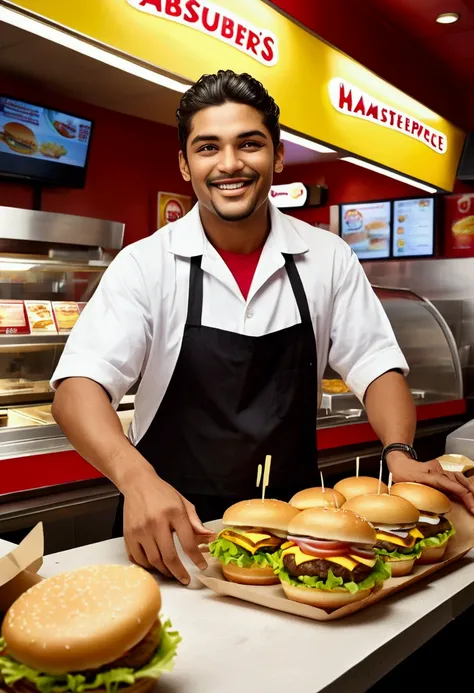 (Fast Food Worker), A fast food clerk stood behind the counter, quickly packaging hamburgers and fries in his hands, with a friendly smile on his face. The background was a busy fast food restaurant, with lively music playing inside and customers coming in...