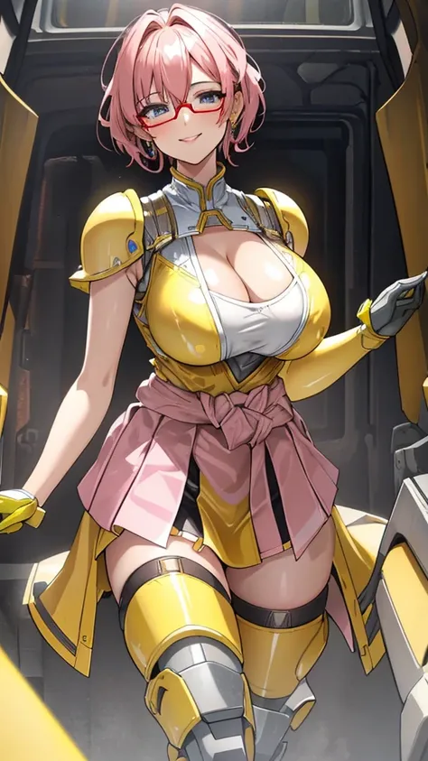 Yellow translucent armor，Arm mecha，Short pink hair，Wavy hair style，Large Breasts，cleavage，Pistol hanging from waist，fighter pilot，fighter hangar，sexly，Lipstick，Gray eyes，stockings，Short skirt，Smile，Red glasses，earrings，lipstick，Nipple showing