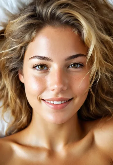 une femme magnifique de 23 ans, grosse poitrine, léger sourire, visage et yeux détaillés, Éclairage naturel, à la maison, cheveux longs, faible contraste, visage naturel, taches de rousseur, cheveux blond foncé, yeux marrons, tout nue sur un lit , tout le ...