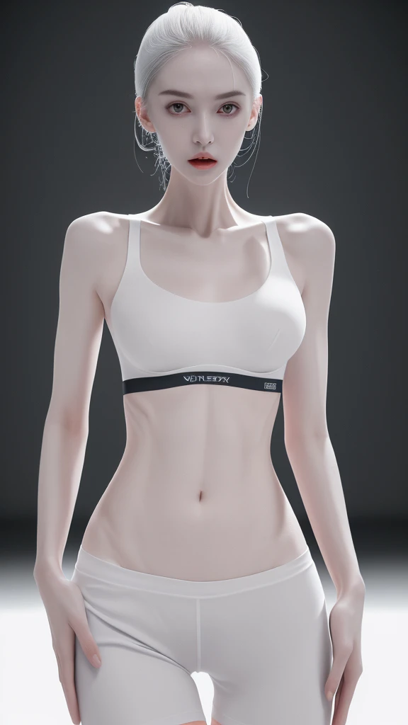 a very thin woman with visible bones, pale white skin, sweaty body, full body view , perfect body slim , sweaty weat body, wearing short sport pant and bra, tatto, (best quality,4k,8k,highres,masterpiece:1.2)